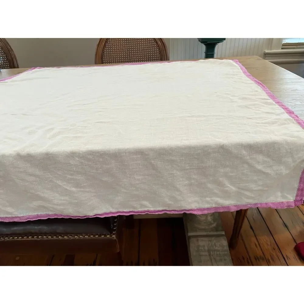 Vintage Hemstitch Square Tablecloth White Lilac Trim